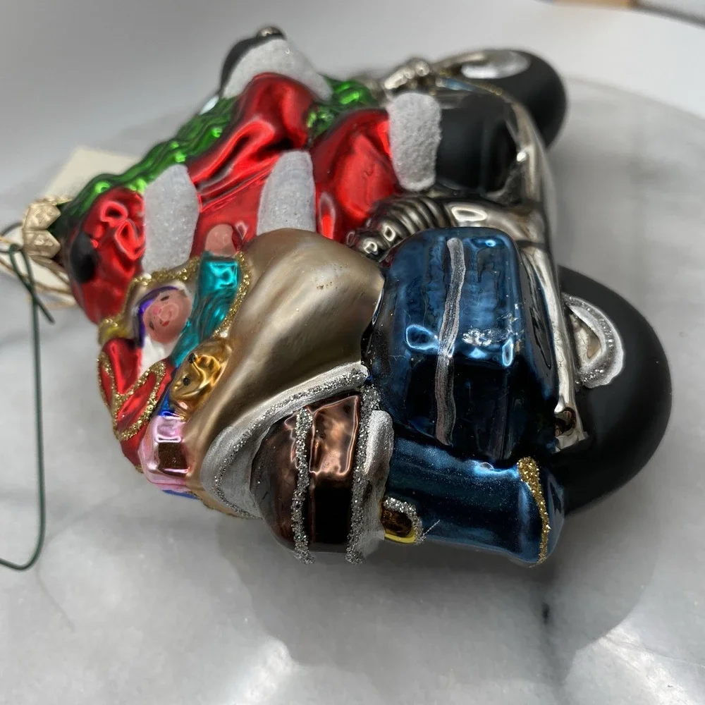 Kurt Adler Santa on Motorcycle Glass Christmas Ornament Blue Silver Red